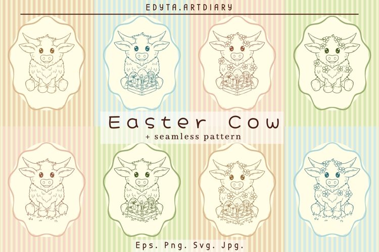 Easter and Spring pre made cute cow arts   seamless pattern
