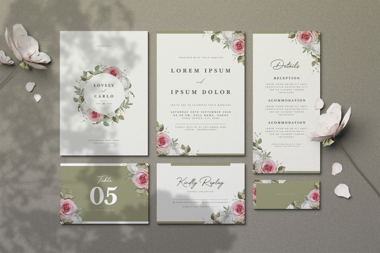 elegant wedding invitation card with roses flower wreath
