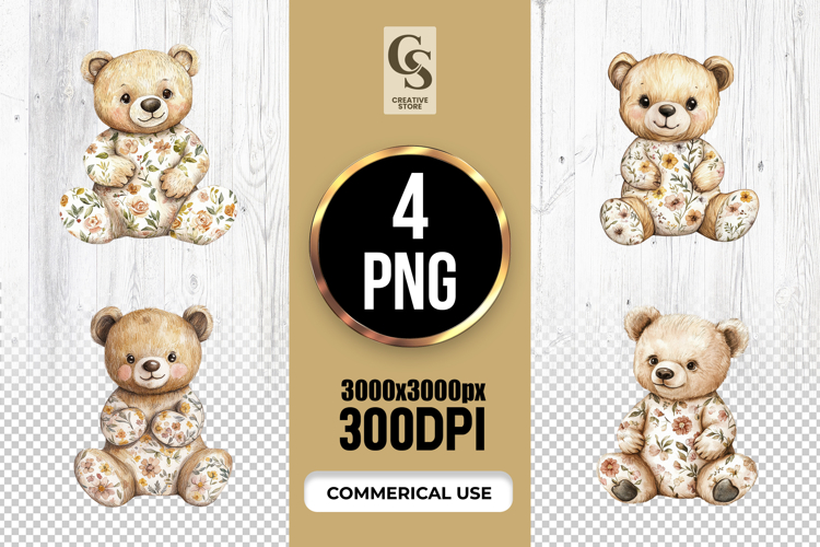 Cute Watercolor Teddy Bear Clipart Sublimation PNG