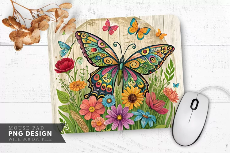 Butterfly and Floral Upcycled Art Mouse Pad PNG Design