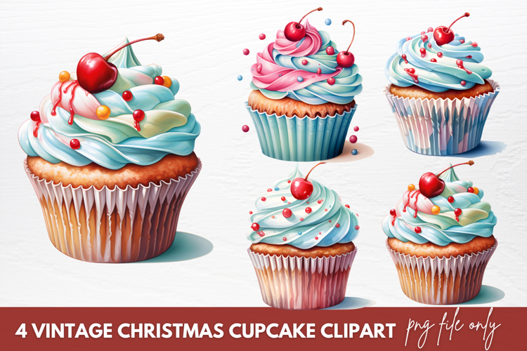 Vintage Christmas Cupcake Clipart Sublimation