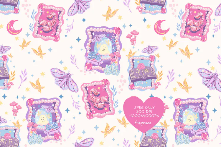 Coquette Witchy Celestial Pattern, Kawaii Mystic Tile