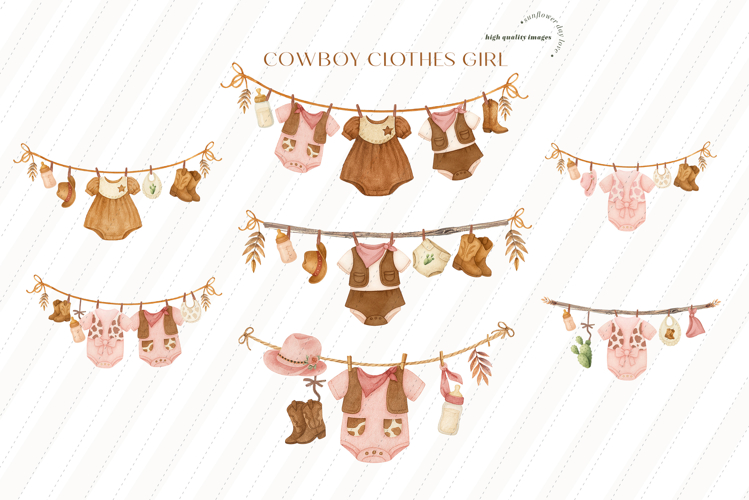 Cute Cowboy Clothesline Girl Clipart, Cowboy Baby Girl