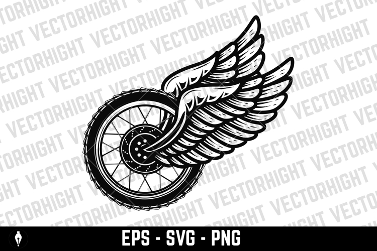 Black and white winged wheel illustration isolated on white