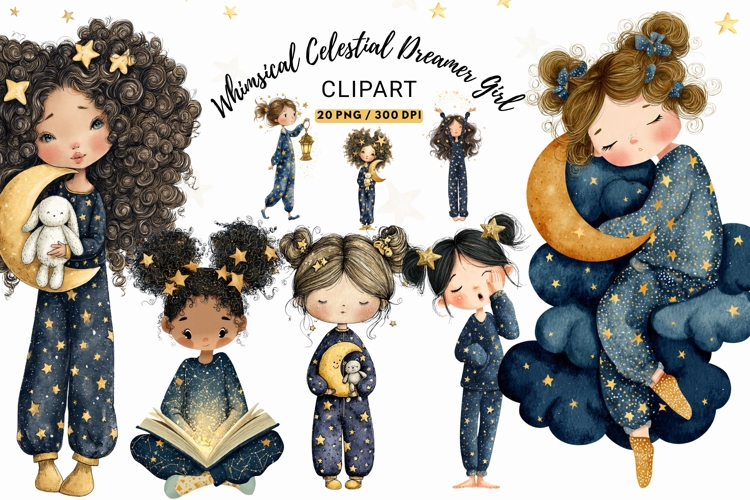 Whimsical Celestial Dreamer Girl Clipart