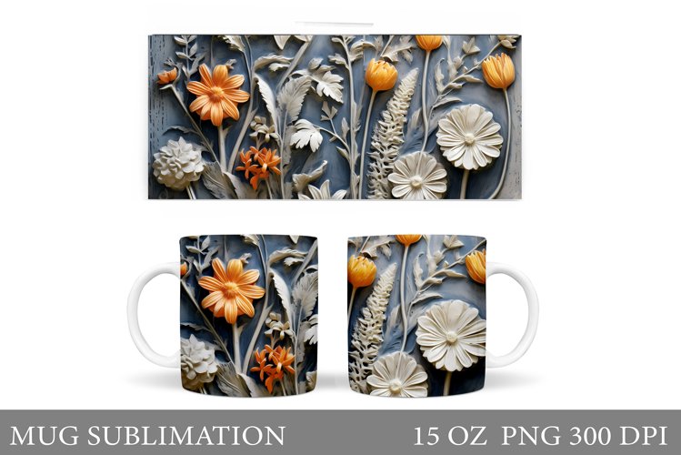 3D Flowers Mug Wrap Design. Flowers Mug Wrap Template