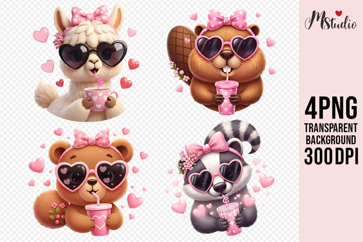 Cute Animals with Heart Glasses and Drinks PNG
