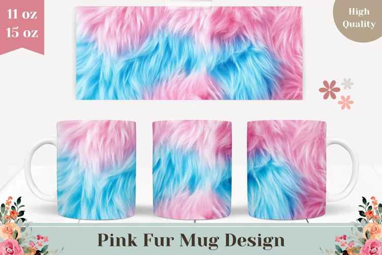 Blue Fur Mug Wrap Design, Pink Mug Sublimation Design