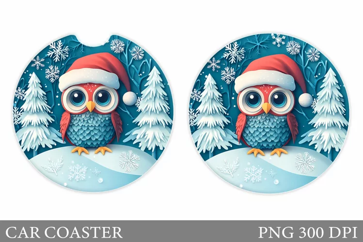 Christmas Owl Car Coaster. Christmas Car Coaster Sublimation