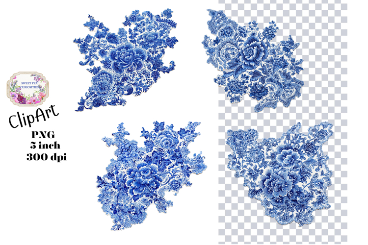 Blue Toile, Ephemera, PNG, Clipart, Junk Journal, flowers