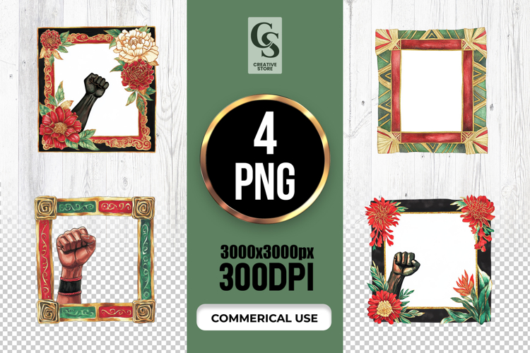 Raised Fist Floral Frame Border Clipart Sublimation PNG