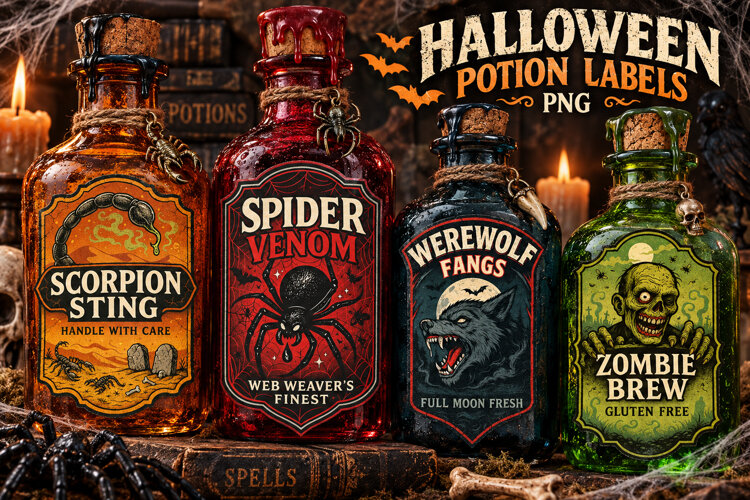 Creepy Potion Labels PNG, Monster Apothecary Halloween example image 1