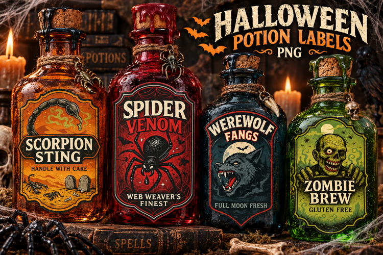 Creepy Potion Labels PNG, Monster Apothecary Halloween