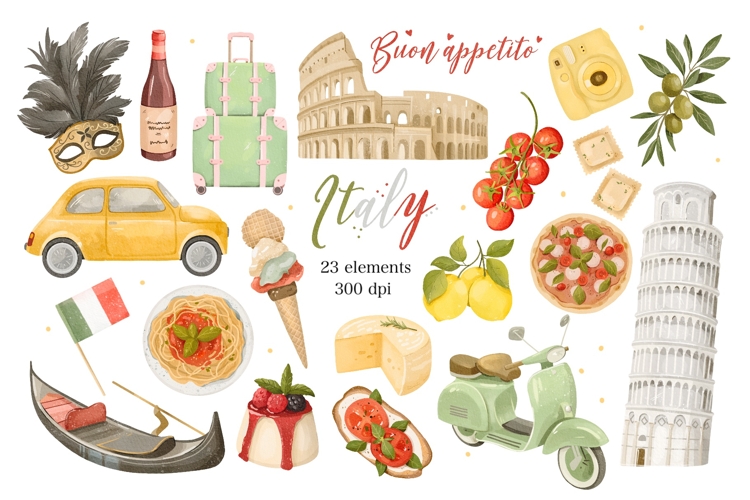 Italy Watercolor Clipart, Italian Travel Stickers