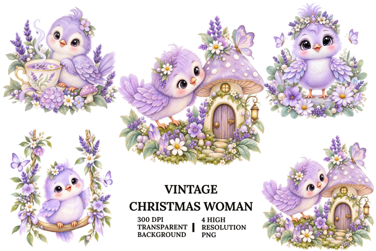 Purple Bird Fairy Mushroom Cottage Watercolor PNG