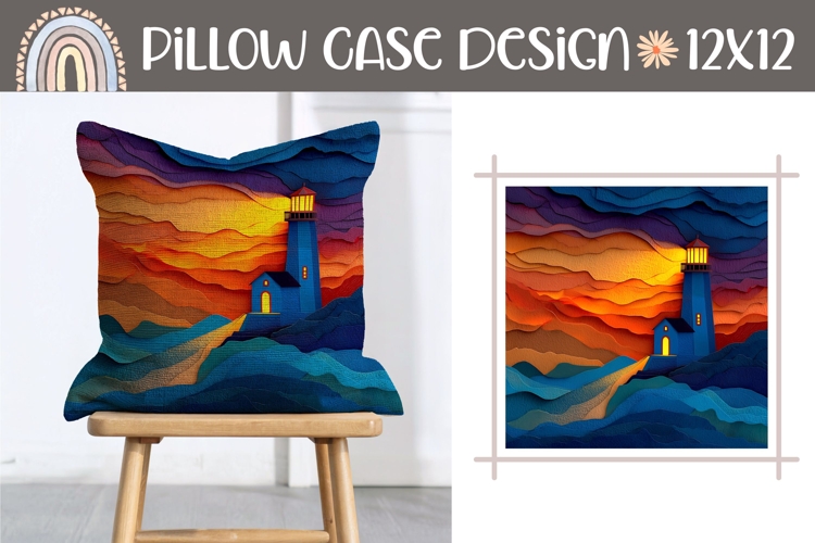 3D Lighthouse Pillow Sublimation, Sunset Pillow Template