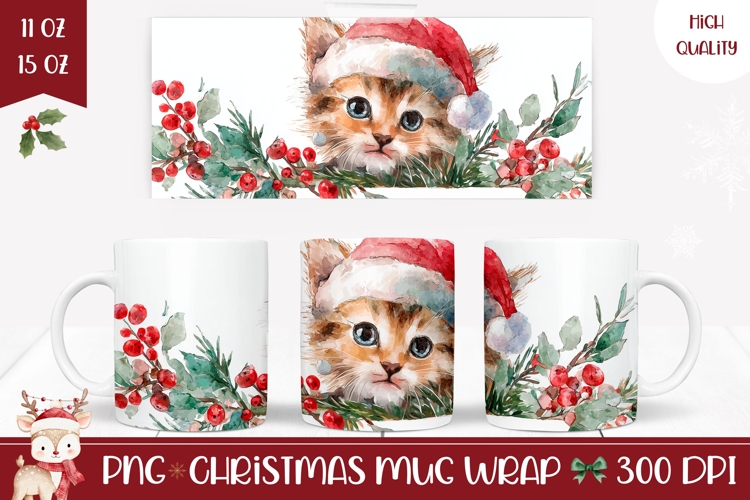 Watercolor Christmas Cat Mug, Christmas Animals Mug Wrap