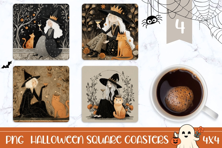Halloween Square Coasters, Cartoon Witch Square Coaster PNG