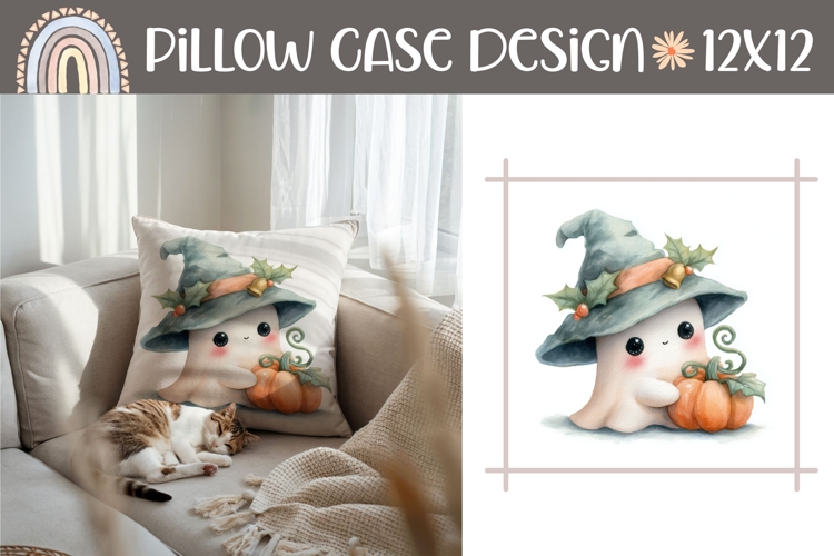 Watercolor Ghost Pillow Design, Halloween Pillow Template
