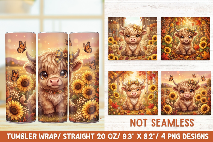 Cozy Fall Highland Cow 20 OZ Skinny Tumbler Wrap Png.