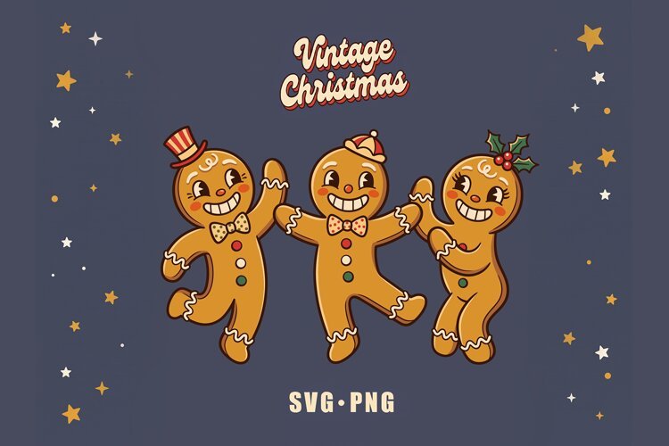 Vintage Christmas SVG PNG, Retro Dancing Gingerbread Men example image 1