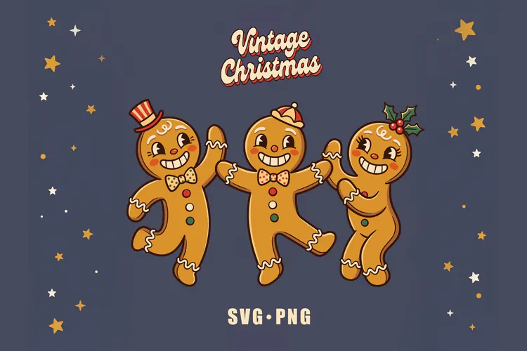 Vintage Christmas SVG PNG, Retro Dancing Gingerbread Men