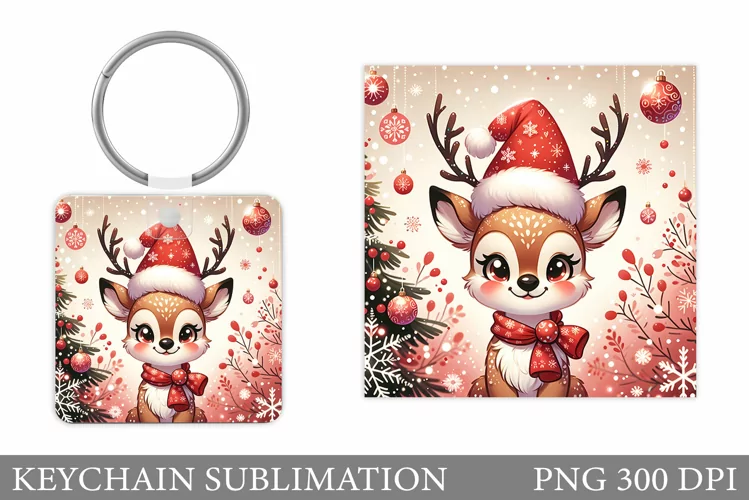 Cute Deer Keychain Design. Christmas Keychain Sublimation