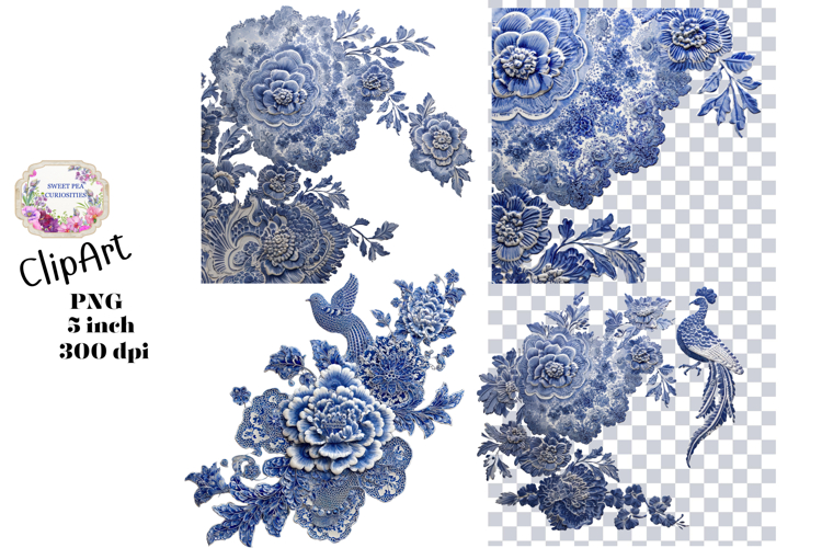 Blue Toile, Ephemera, PNG, Clipart, Junk Journal, flowers