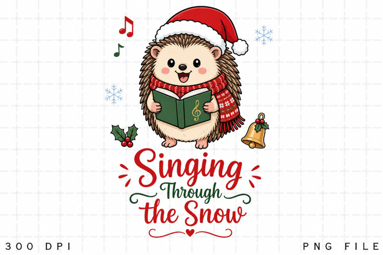 Christmas Hedgehog PNG Sublimation Design, Singing Through example image 1