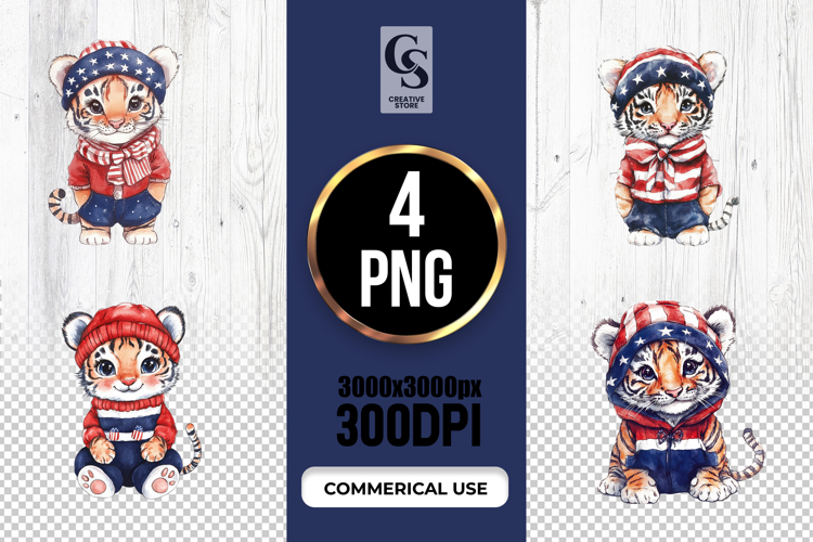 Watercolor Cute Baby Tiger Patriotic USA Outfit PNG Clipart