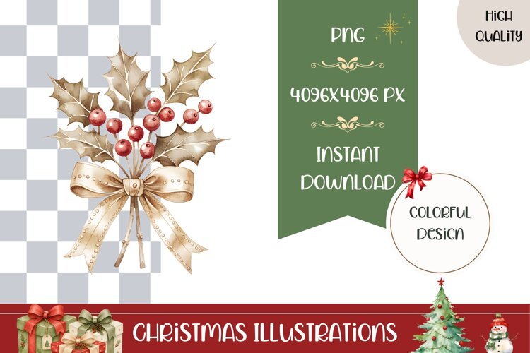 Boho Christmas Bow Illustration, Gold Christmas Sublimation example image 1