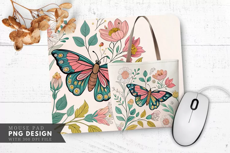 Butterfly Floral Tote Bag Mouse Pad PNG Design