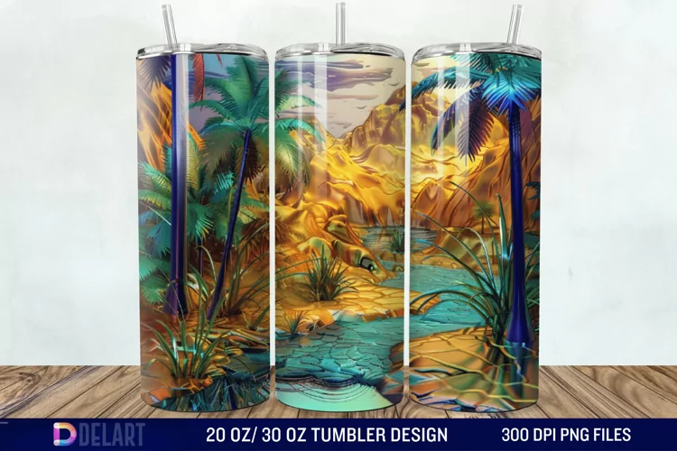 3D Tranquil Desert Oasis Stained Glass Tumbler Wrap