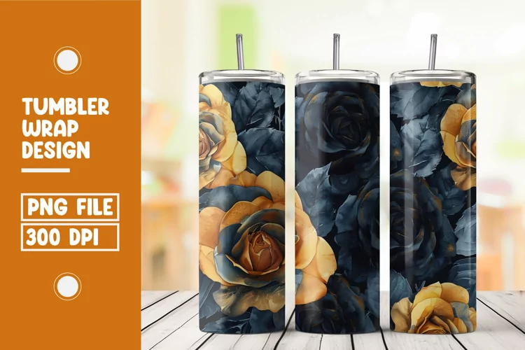 Black and golden roses watercolor tumbler wrap sublimation