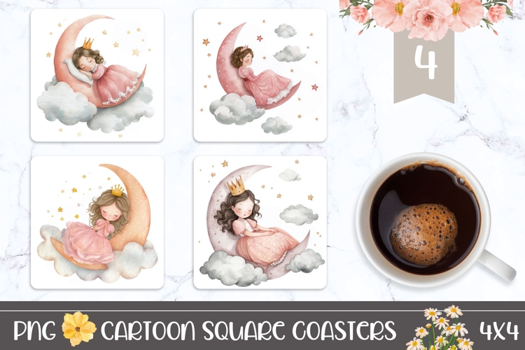 Cartoon Princess Square Coasters, Moon Square Coaster Design