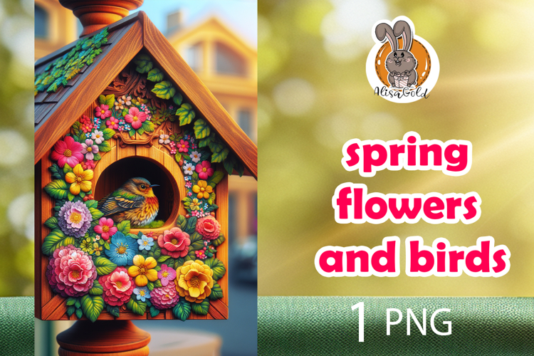 spring flowers, bird, birdhouse
