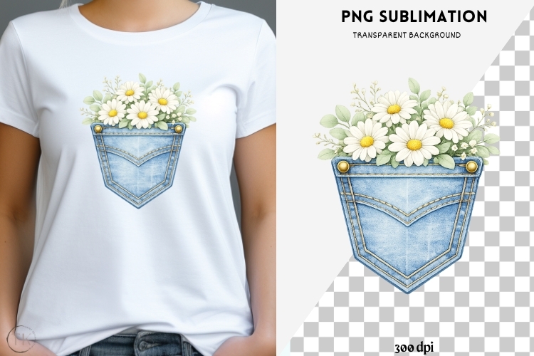 Denim pocket flowers png design for T-shirts