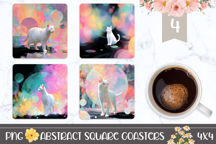 Cartoon Cat Square Coasters, Abstract Square Coaster Designs