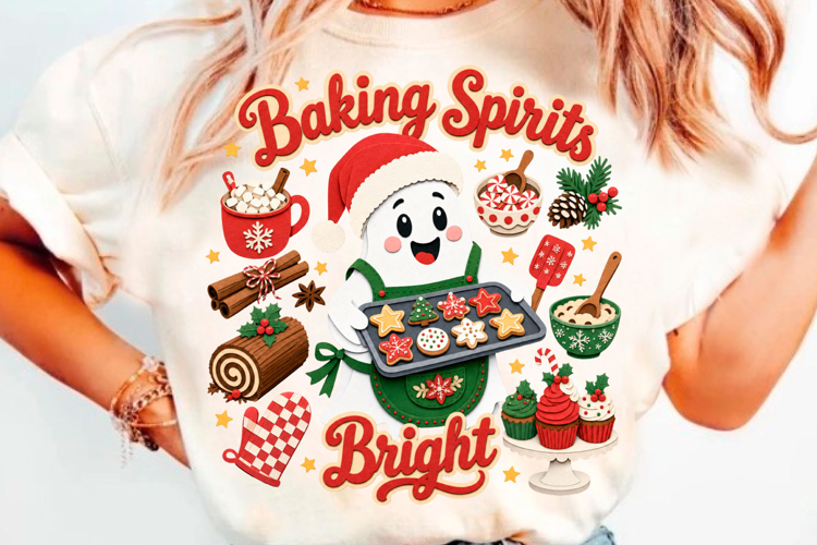 Cute Christmas Baking Spirits T-Shirt Design With Ghost Bake