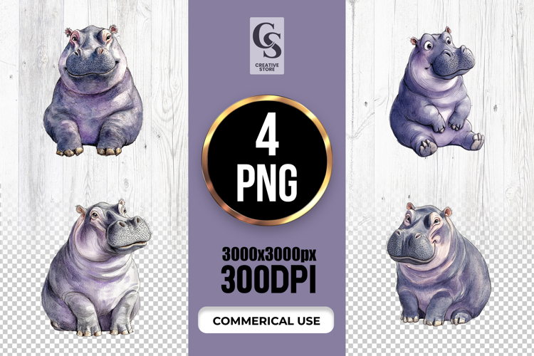 Cute Watercolor Hippo Clipart Sublimation PNG