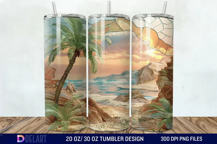 3D Tranquil Desert Oasis Stained Glass Tumbler Wrap