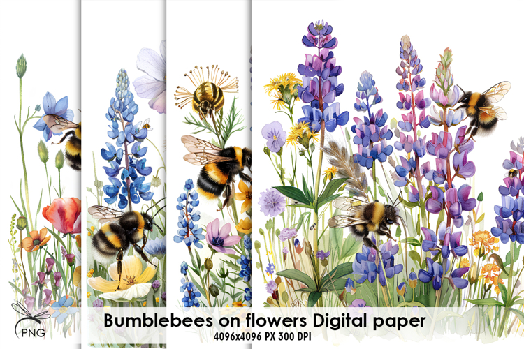 Bumblebees on flowers digital paper, background clipart