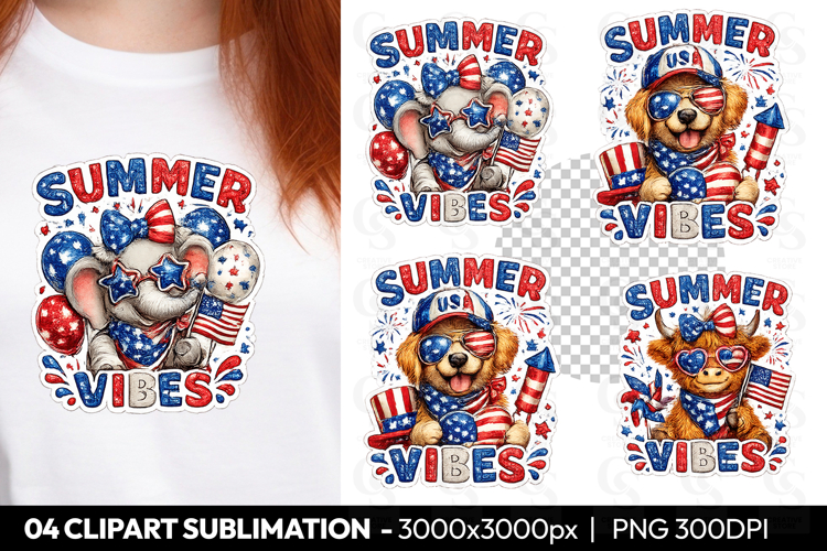 Summer Vibes Patriotic Animal Sublimation PNG example image 1
