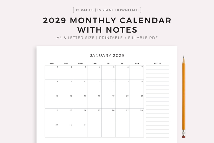2029 Monthly Calendar with Notes, Landscape, Printable