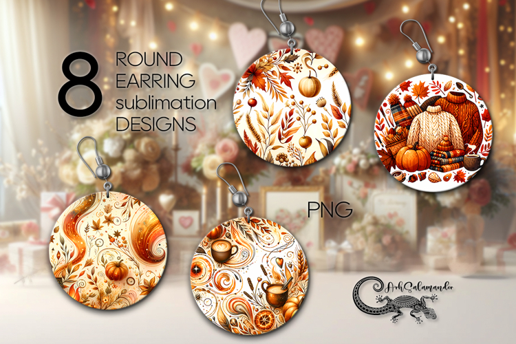 Golden Autumn | 8 Round Earring Sublimation designs, PNG