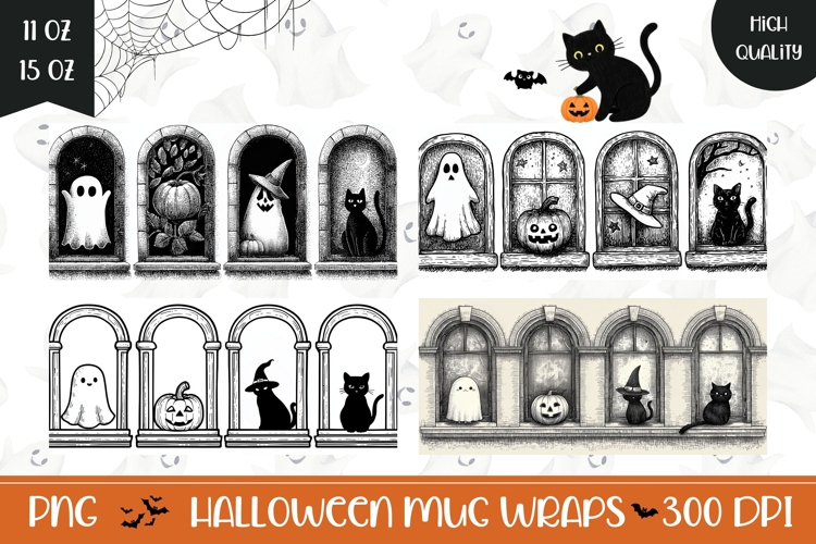 Halloween Ghost Mug Template, Pumpkins Mug Wrap Designs