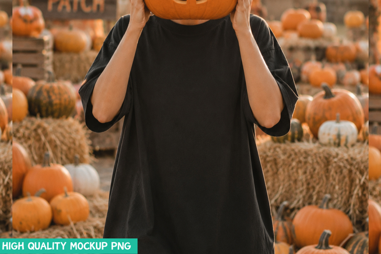 Halloween Pumpkin Patch Oversized Black Tee Mockup PNG File example image 1
