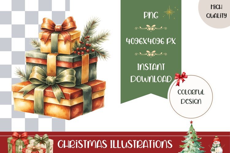 Cartoon Christmas Presents Illustration, Gold Christmas PNG example image 1
