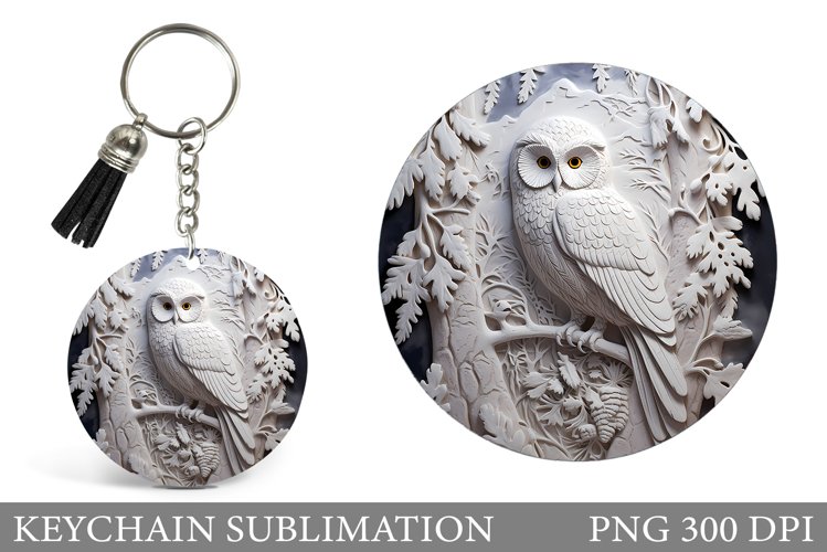 White Owl Keychain Design. Winter Round Keychain Sublimation example image 1