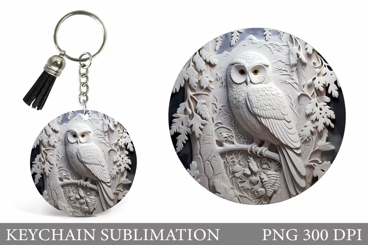 White Owl Keychain Design. Winter Round Keychain Sublimation